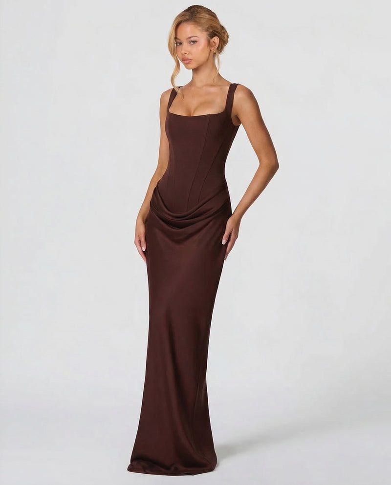 Satin Corset Maxi Dress Autumn Wedding Guest Dress for Women - View 3