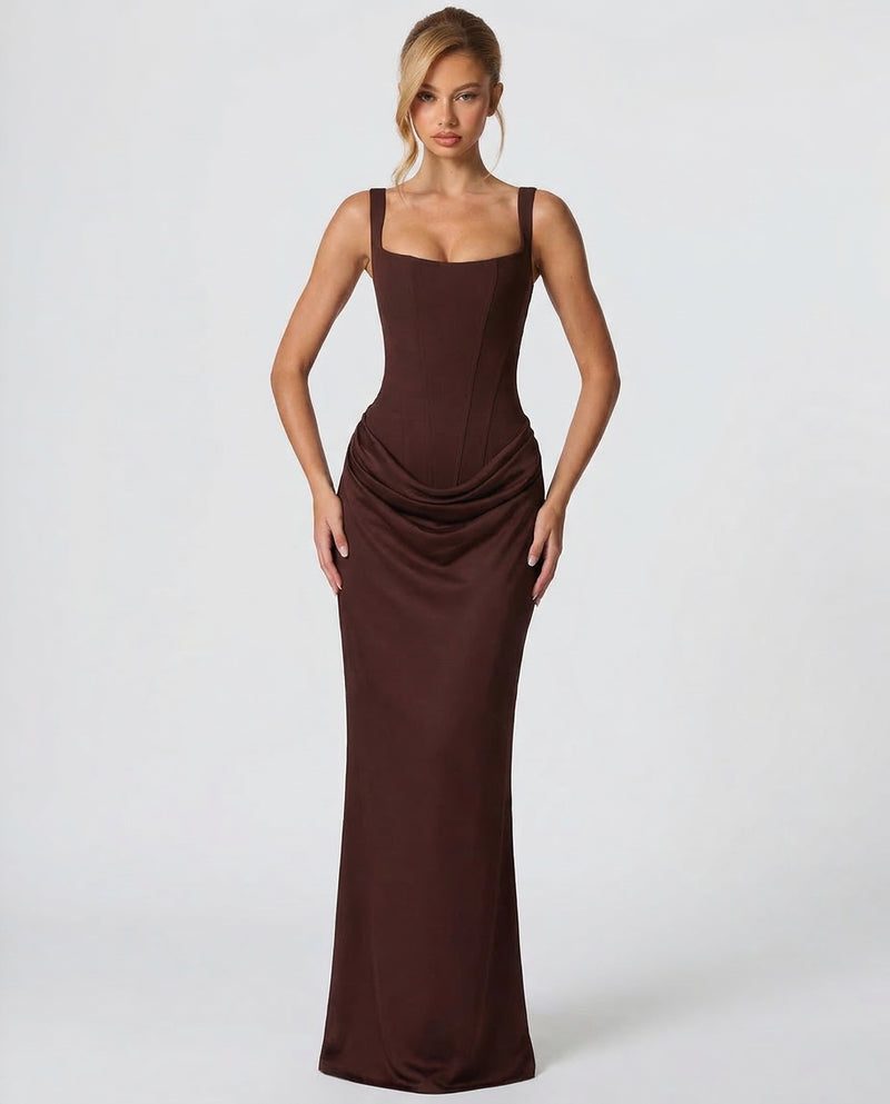 Satin Corset Maxi Dress Autumn Wedding Guest Dress for Women - View 4