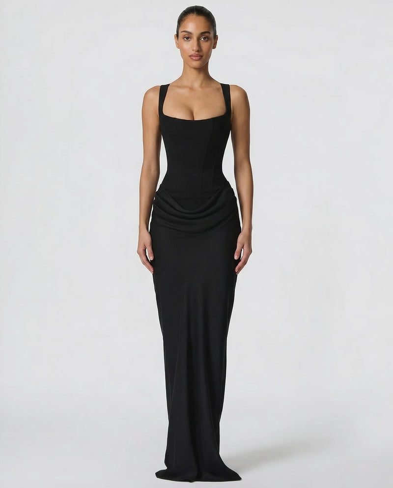 Satin Corset Maxi Dress Autumn Wedding Guest Dress for Women - Black