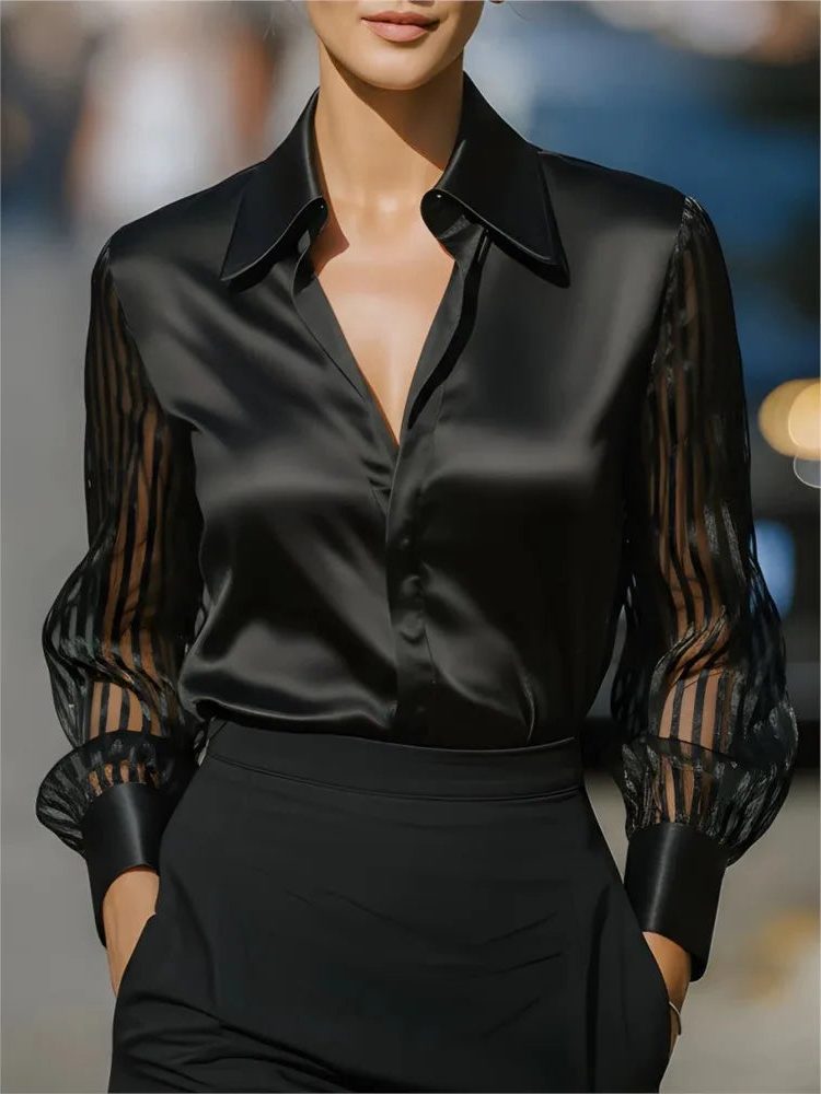 Satin Lapel Collar Long Sleeve Blouse for Women - Black