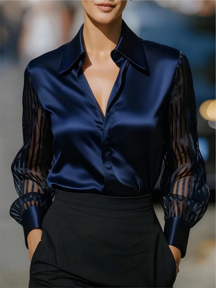 Satin Lapel Collar Long Sleeve Blouse for Women - Navy Blue