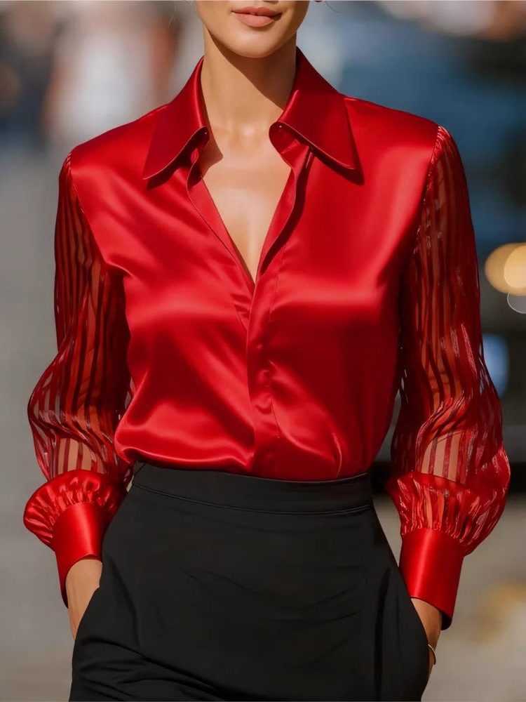 Satin Lapel Collar Long Sleeve Blouse for Women - View 3