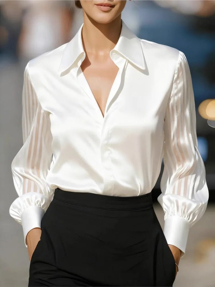 Satin Lapel Collar Long Sleeve Blouse for Women - View 4