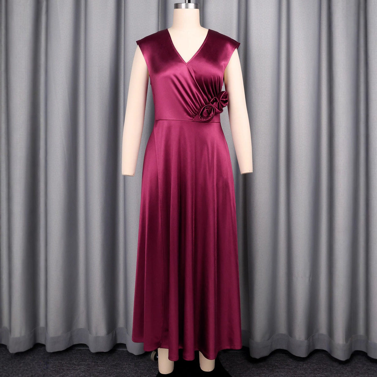 Satin V-Neck Maxi Dress with Side Split for Women - View 3