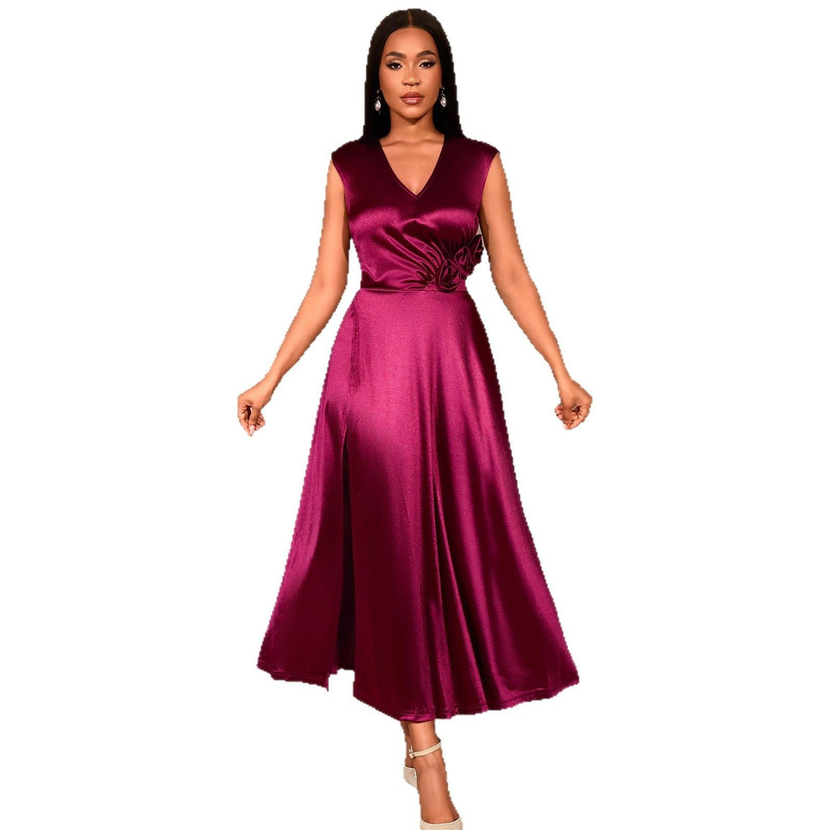 Satin V-Neck Maxi Dress with Side Split for Women - View 5