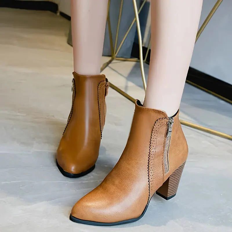 Scalloped Trim Block Heel Ankle Boots for Women