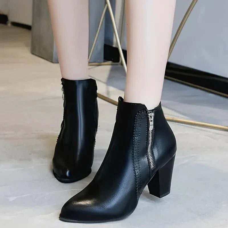 Scalloped Trim Block Heel Ankle Boots for Women - Black
