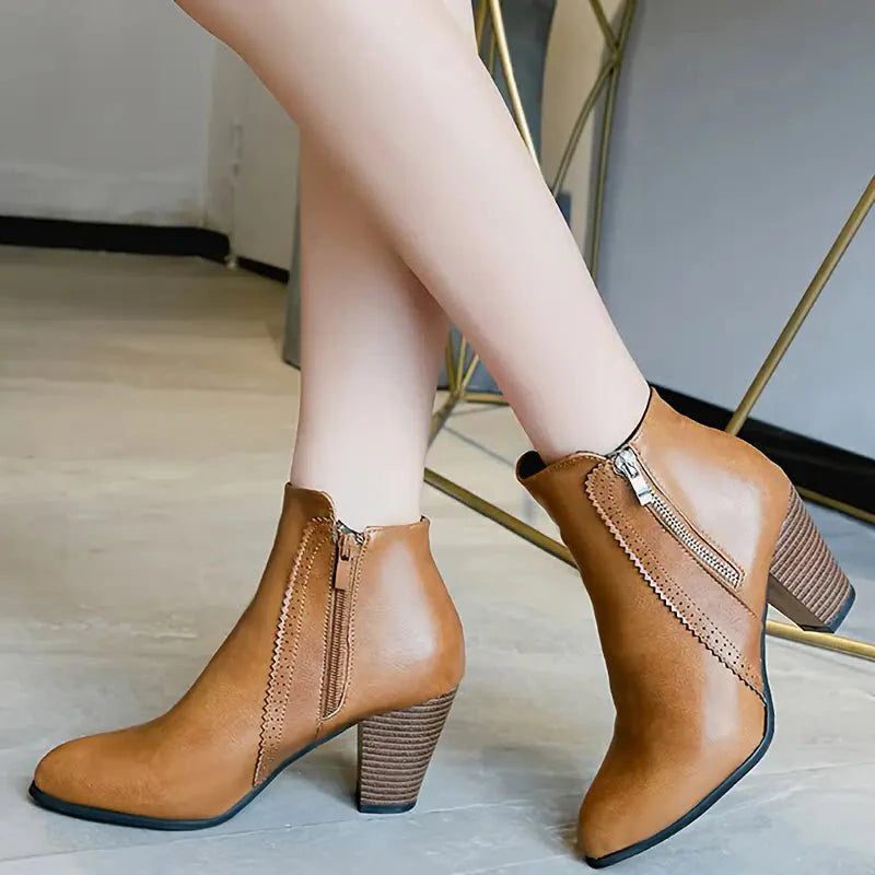 Scalloped Trim Block Heel Ankle Boots for Women - View 3