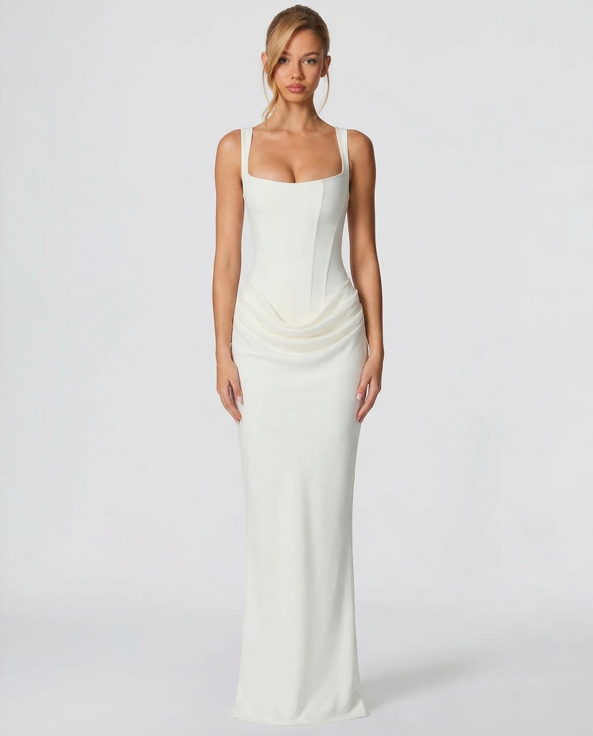 Sculpted Autumn Wedding Guest Maxi Dress for Women - White