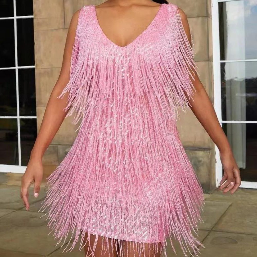Sequin Fringe Mini Dress for Party for Women - Pink