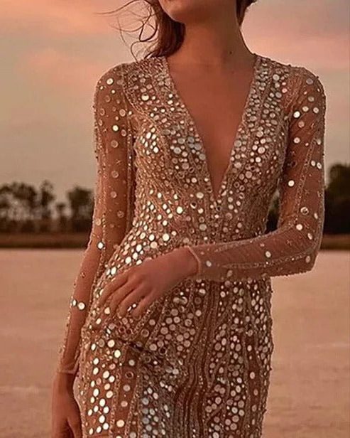 Sequin Long Sleeve V-Neck Mini Dress for Women - View 2