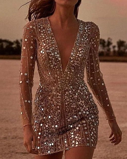 Sequin Long Sleeve V-Neck Mini Dress for Women - View 3