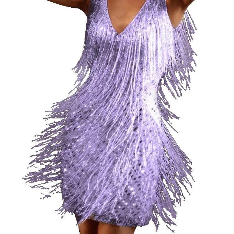 Sequin Mini Dress with Tiered Fringe for Women - Purple