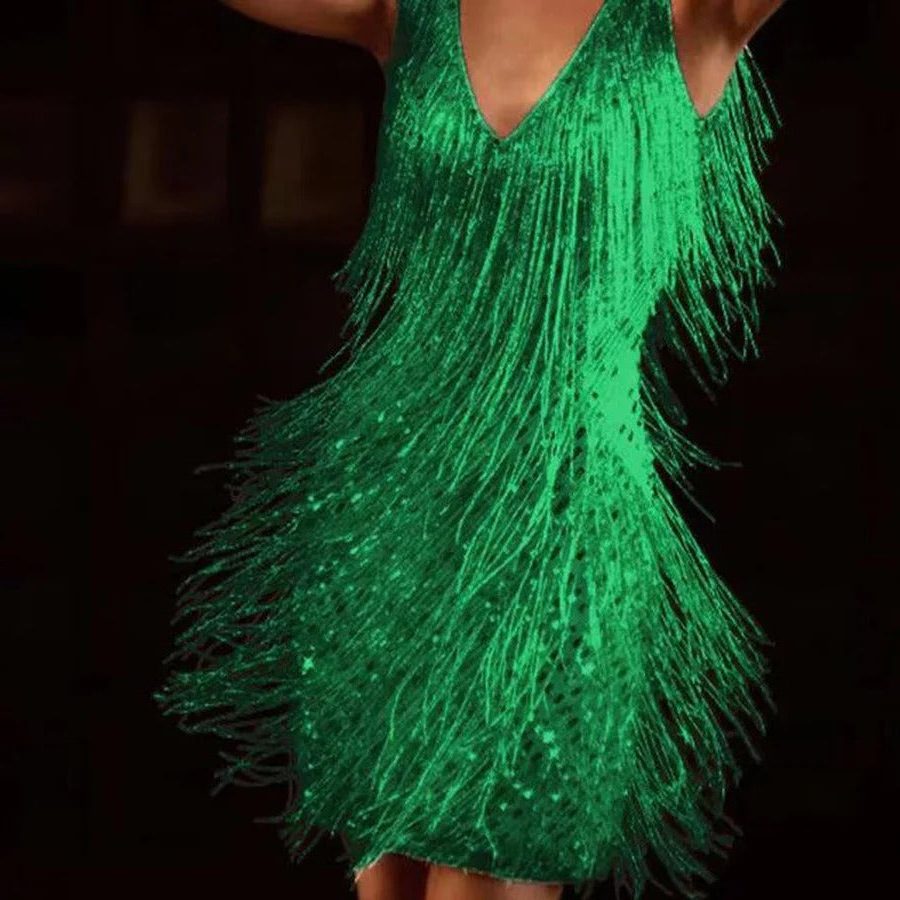 Sequin Mini Dress with Tiered Fringe for Women - Green