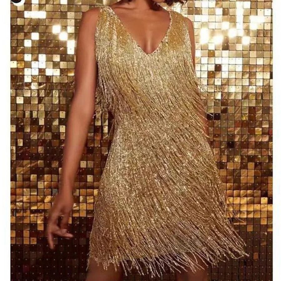 Sequin Mini Dress with Tiered Fringe for Women - Gold