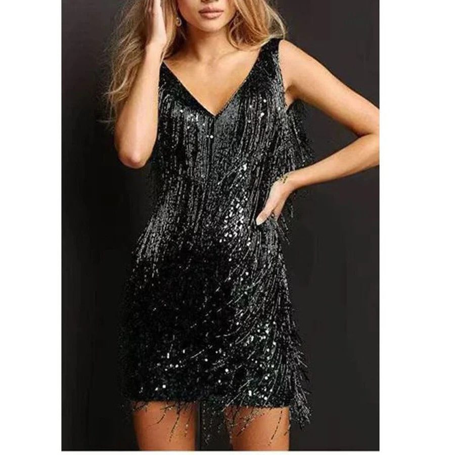 Sequin Mini Dress with Tiered Fringe for Women - Black