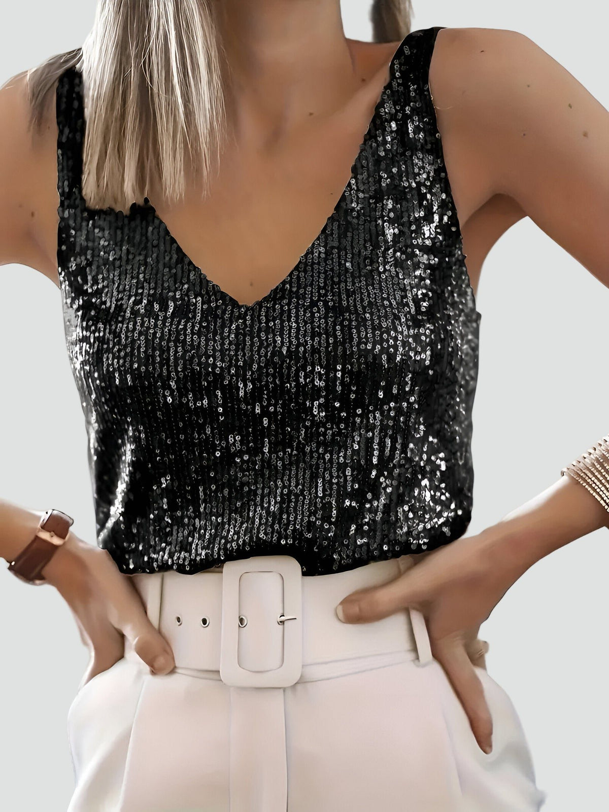 Sequin V-Neck Sleeveless Tank Top for Women 