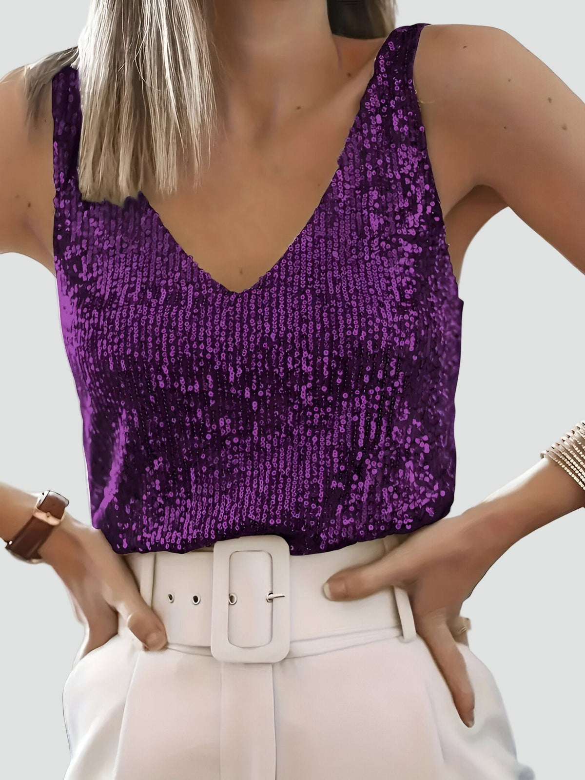 Sequin V-Neck Sleeveless Tank Top for Women 