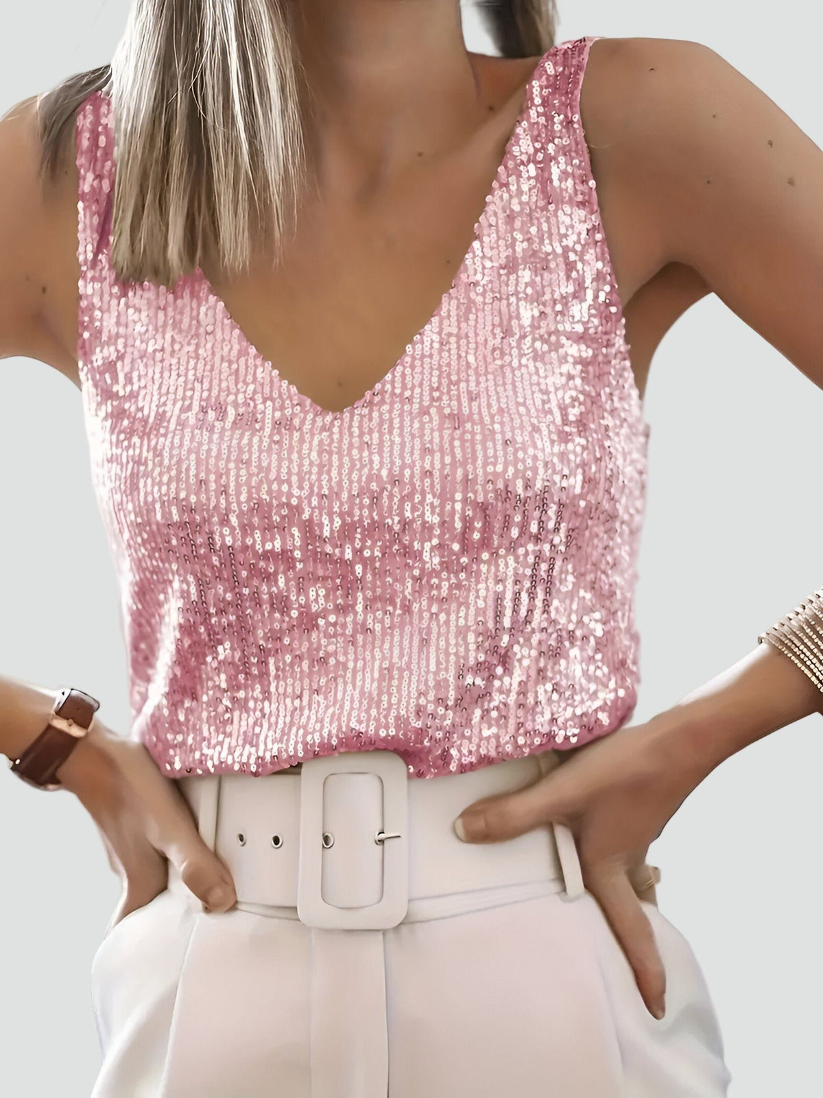 Sequin V-Neck Sleeveless Tank Top for Women 