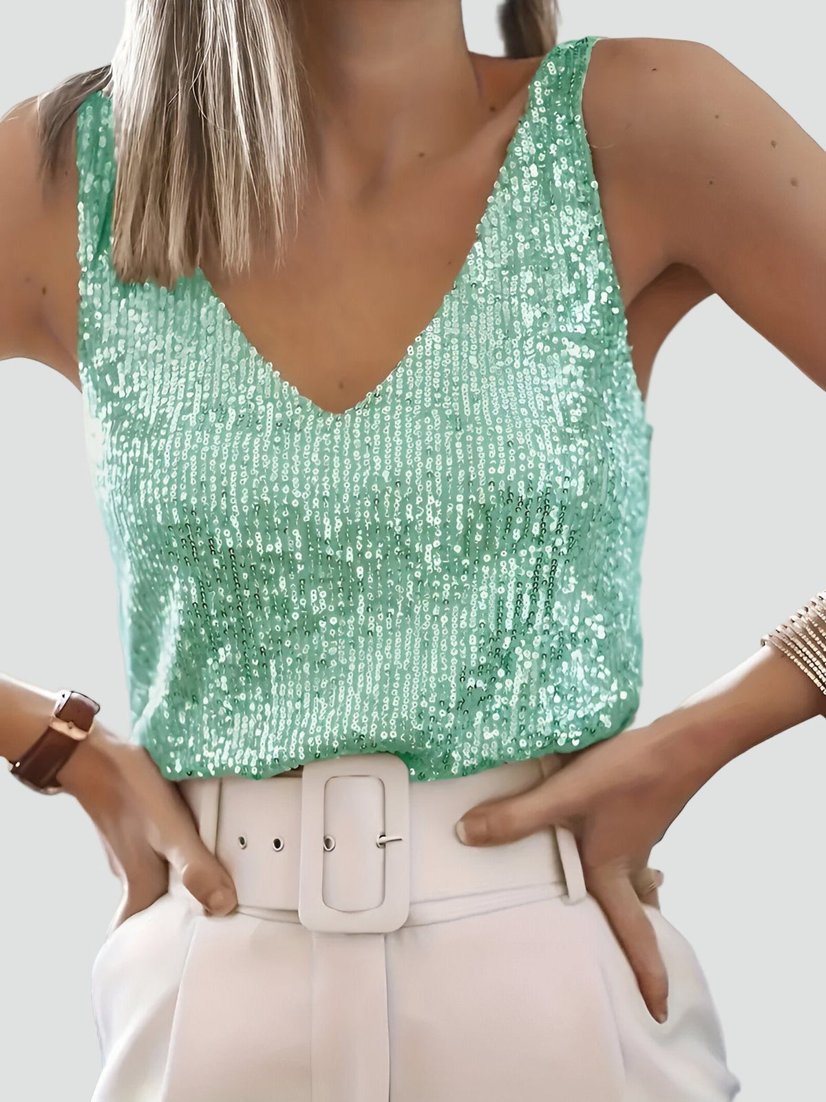 Sequin V-Neck Sleeveless Tank Top for Women 