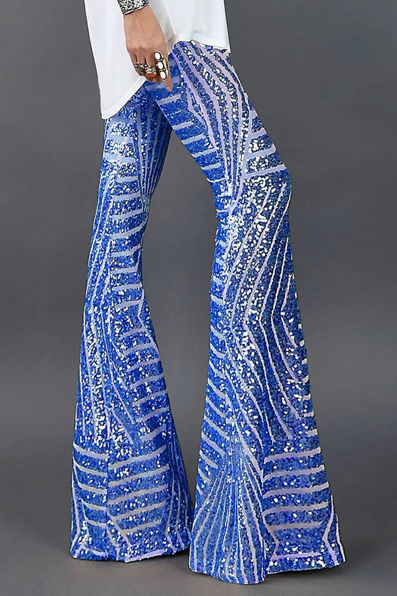 Sequin Wide Leg Flare Party Trousers for Women - Blue