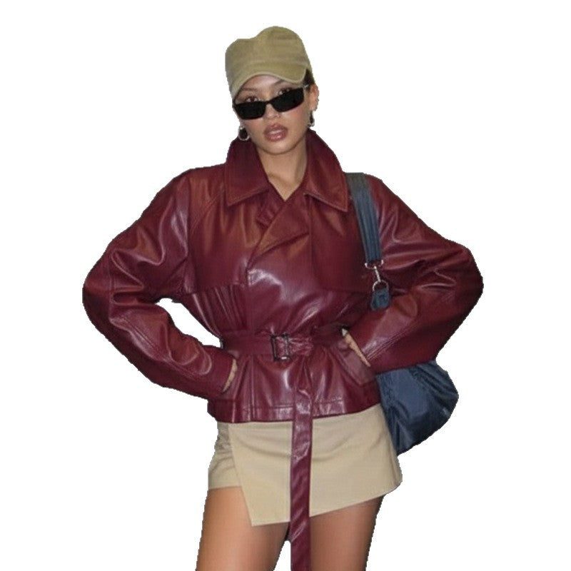 Short Belted Leather Trench Coat for Women - View 5