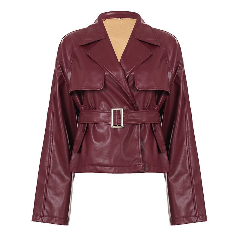 Short Belted Leather Trench Coat for Women - Rot