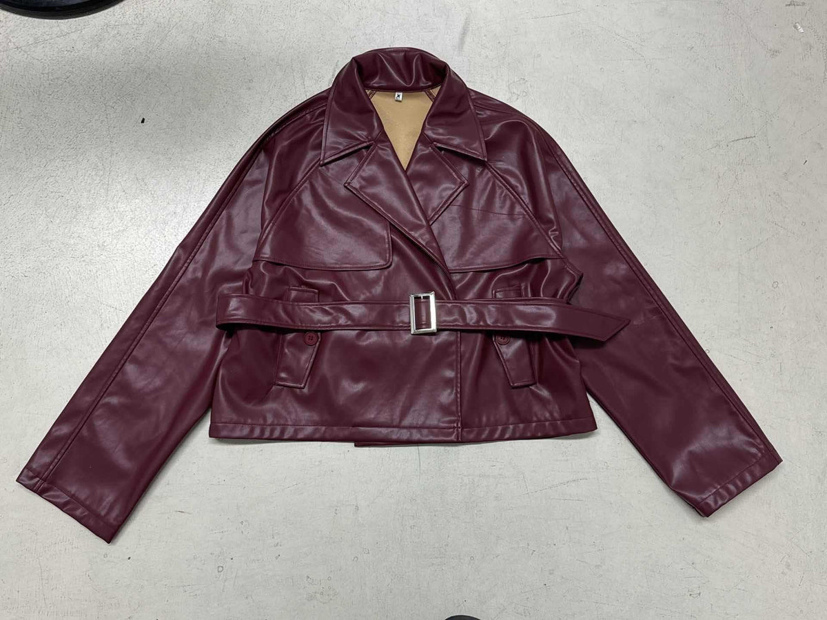 Short Belted Leather Trench Coat for Women - Fertigware, Gewicht: 0,6 kg