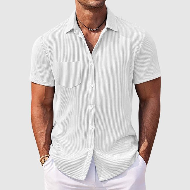 Short Sleeve Ribbed Button-Down Shirt for Men - White