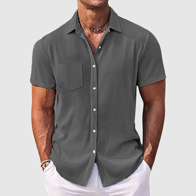 Short Sleeve Ribbed Button-Down Shirt for Men - Grey