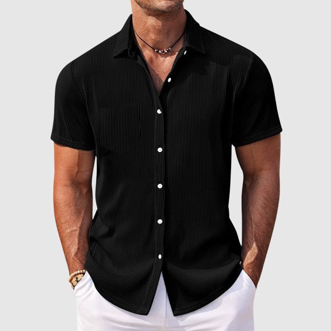 Short Sleeve Ribbed Button-Down Shirt for Men - Black