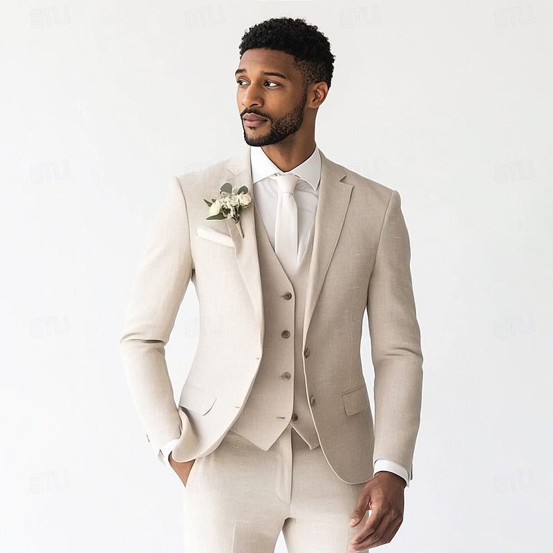 Linen Single-Breasted Three-Piece Suit for Men