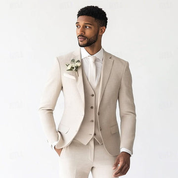 Linen Single-Breasted Three-Piece Suit for Men - Beige