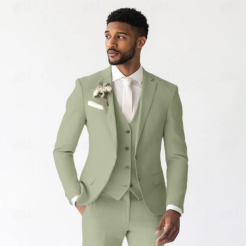 Linen Single-Breasted Three-Piece Suit for Men - Sage