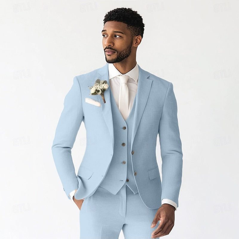 Linen Single-Breasted Three-Piece Suit for Men - Sky Blue
