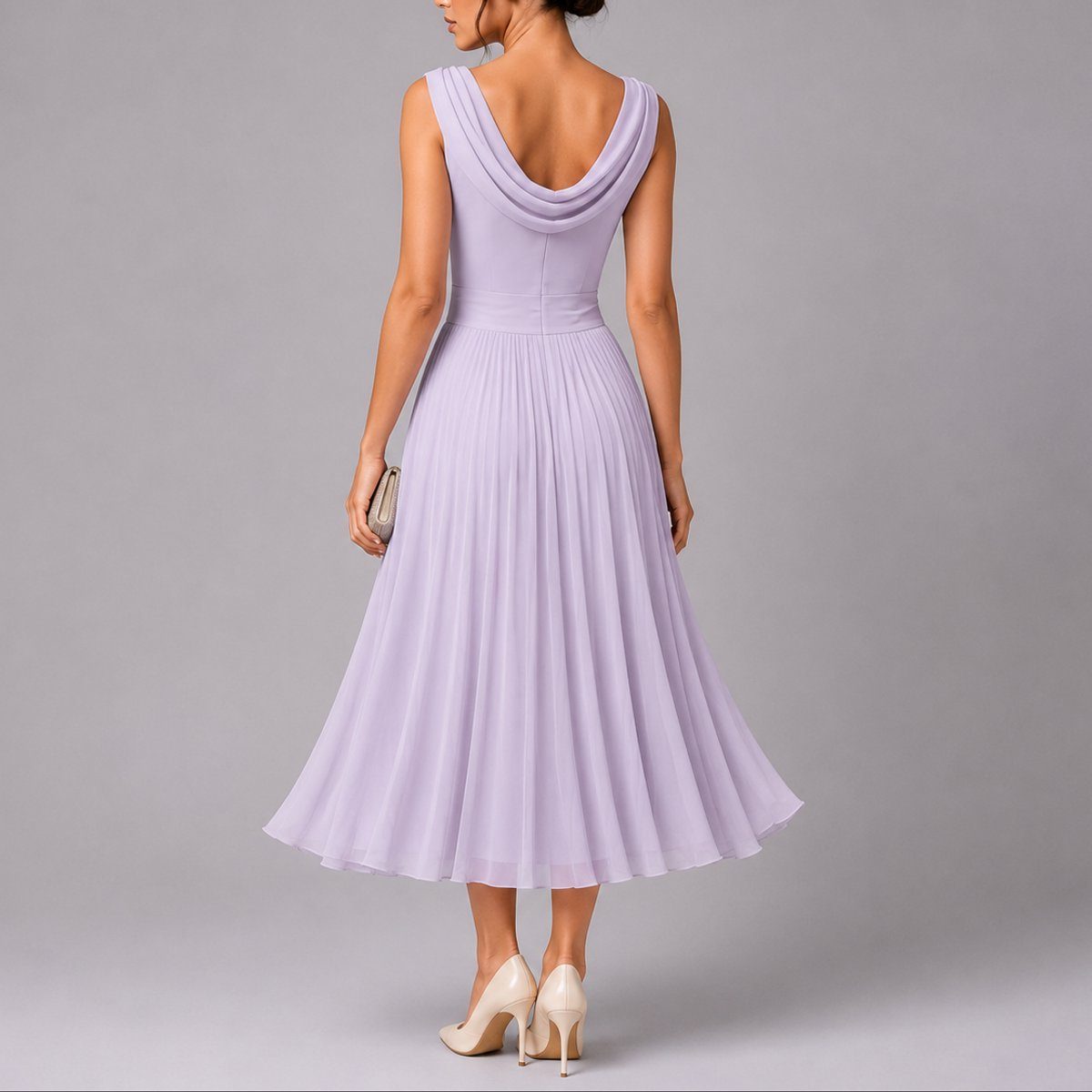 Sleeveless Draped Neckline Pleated Midi Dress Autumn Wedding Guest for Women