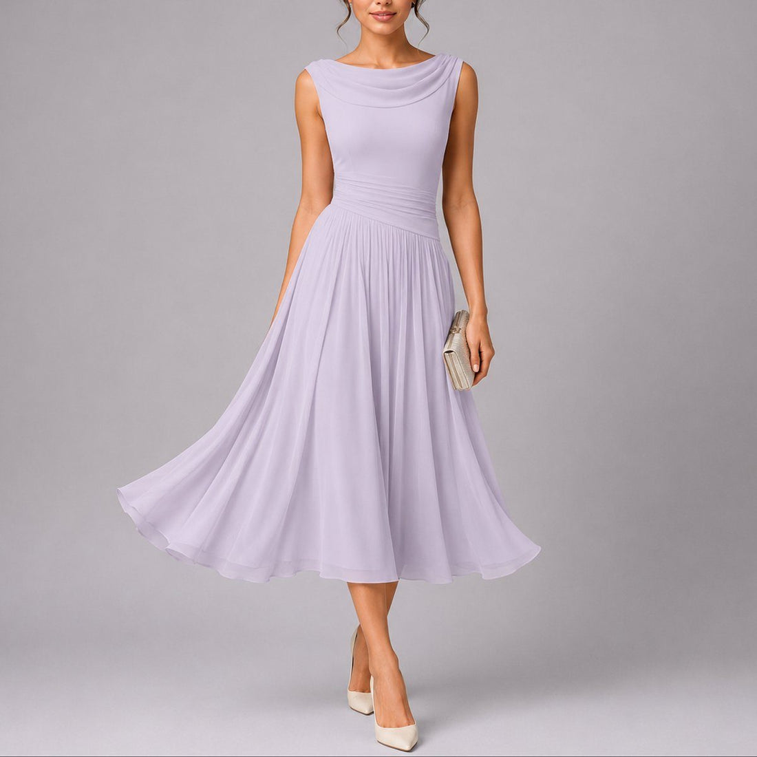 Sleeveless Draped Neckline Pleated Midi Dress Autumn Wedding Guest for Women