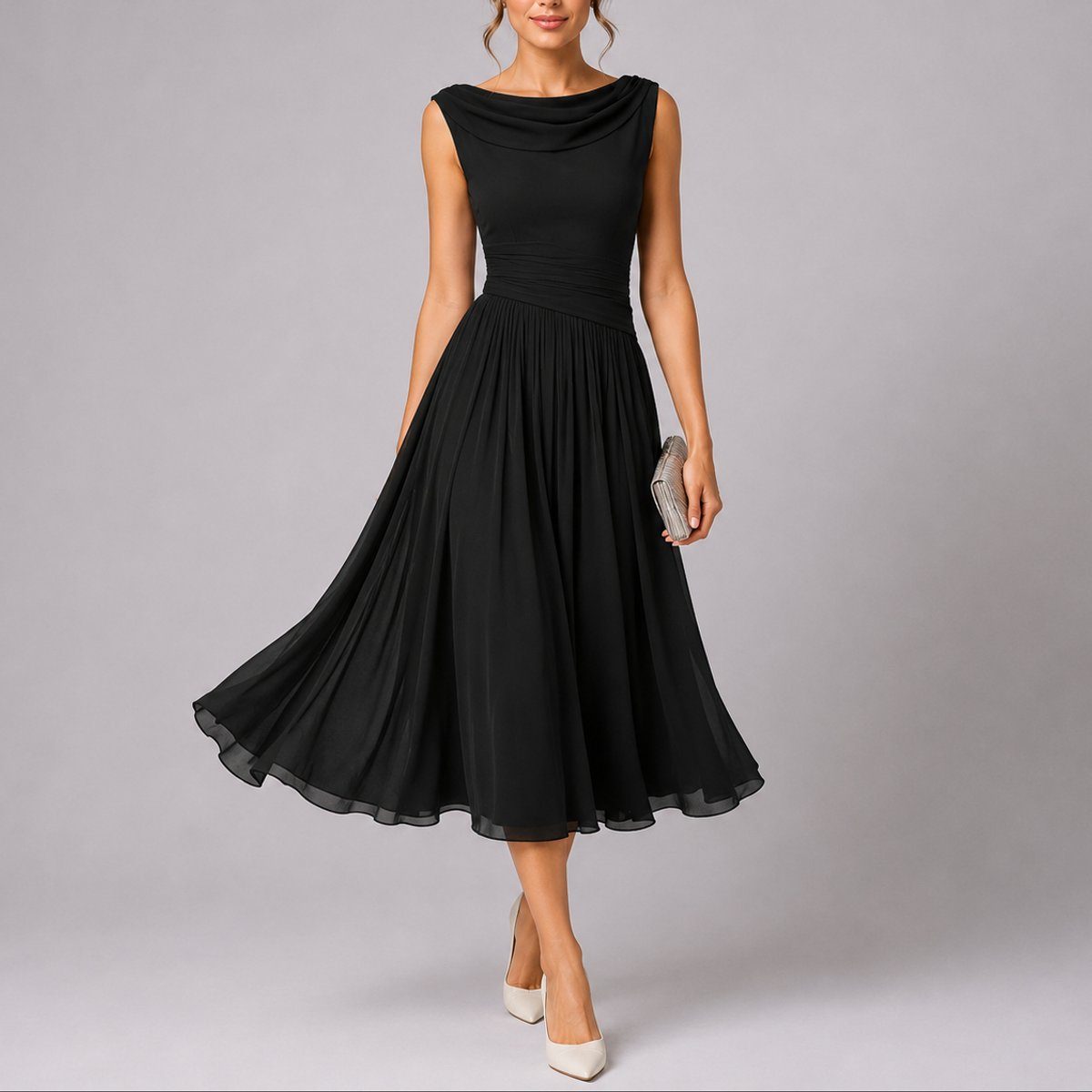 Sleeveless Draped Neckline Pleated Midi Dress Autumn Wedding Guest for Women - Black