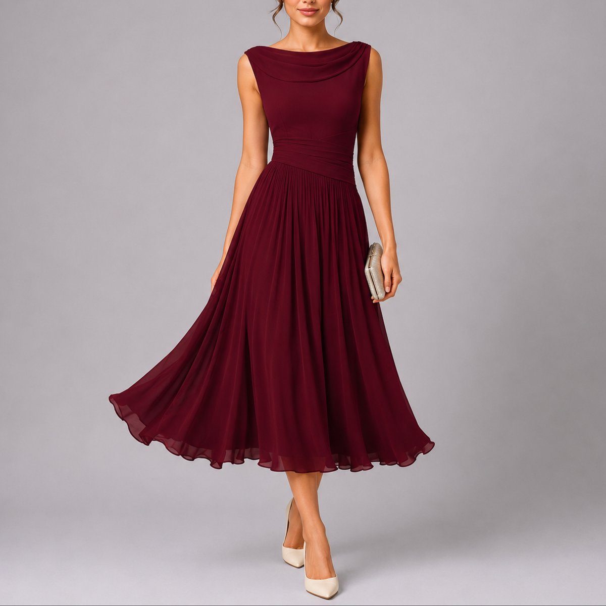 Sleeveless Draped Neckline Pleated Midi Dress Autumn Wedding Guest for Women - Red