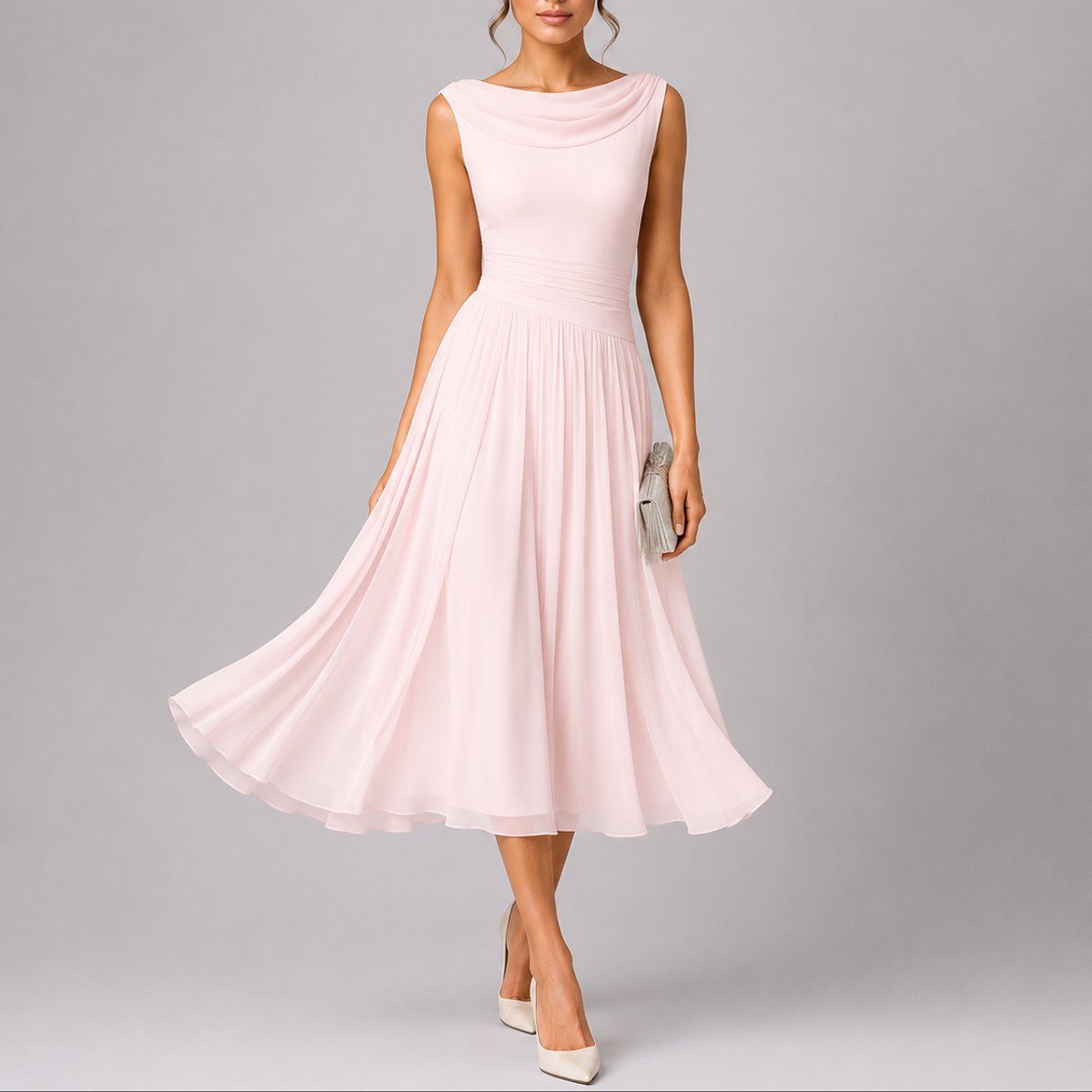Sleeveless Draped Neckline Pleated Midi Dress Autumn Wedding Guest for Women - Pink