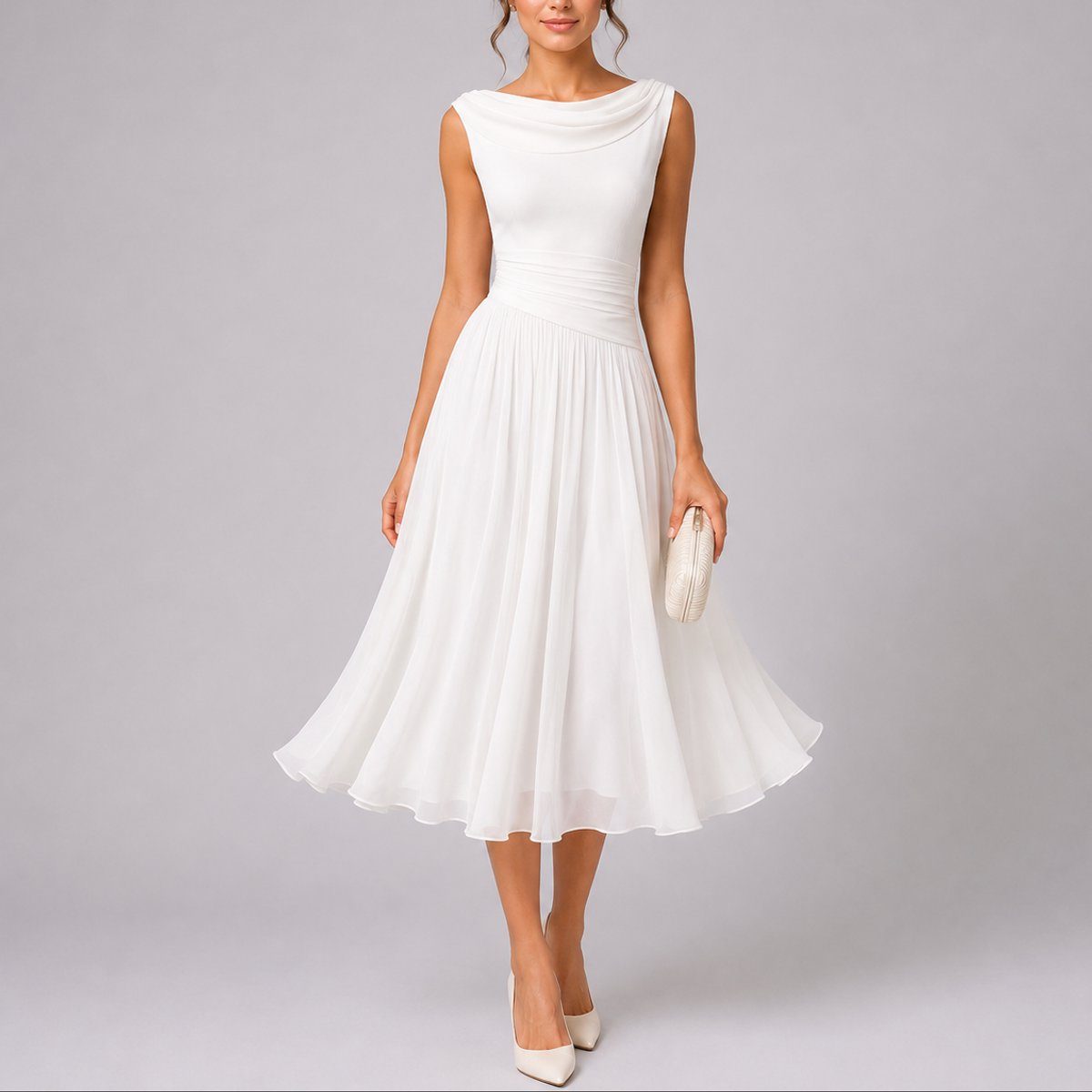 Sleeveless Draped Neckline Pleated Midi Dress Autumn Wedding Guest for Women - White