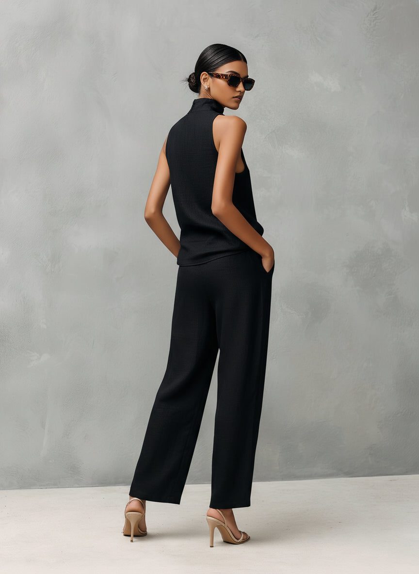 Sleeveless Roll Neck Linen Straight Leg Trousers Set for Women - View 3
