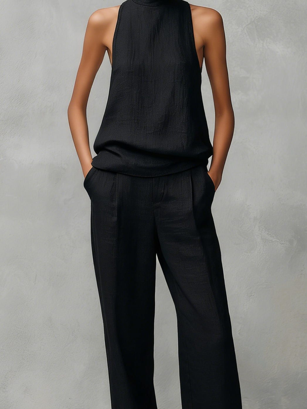 Sleeveless Roll Neck Linen Straight Leg Trousers Set for Women - View 5