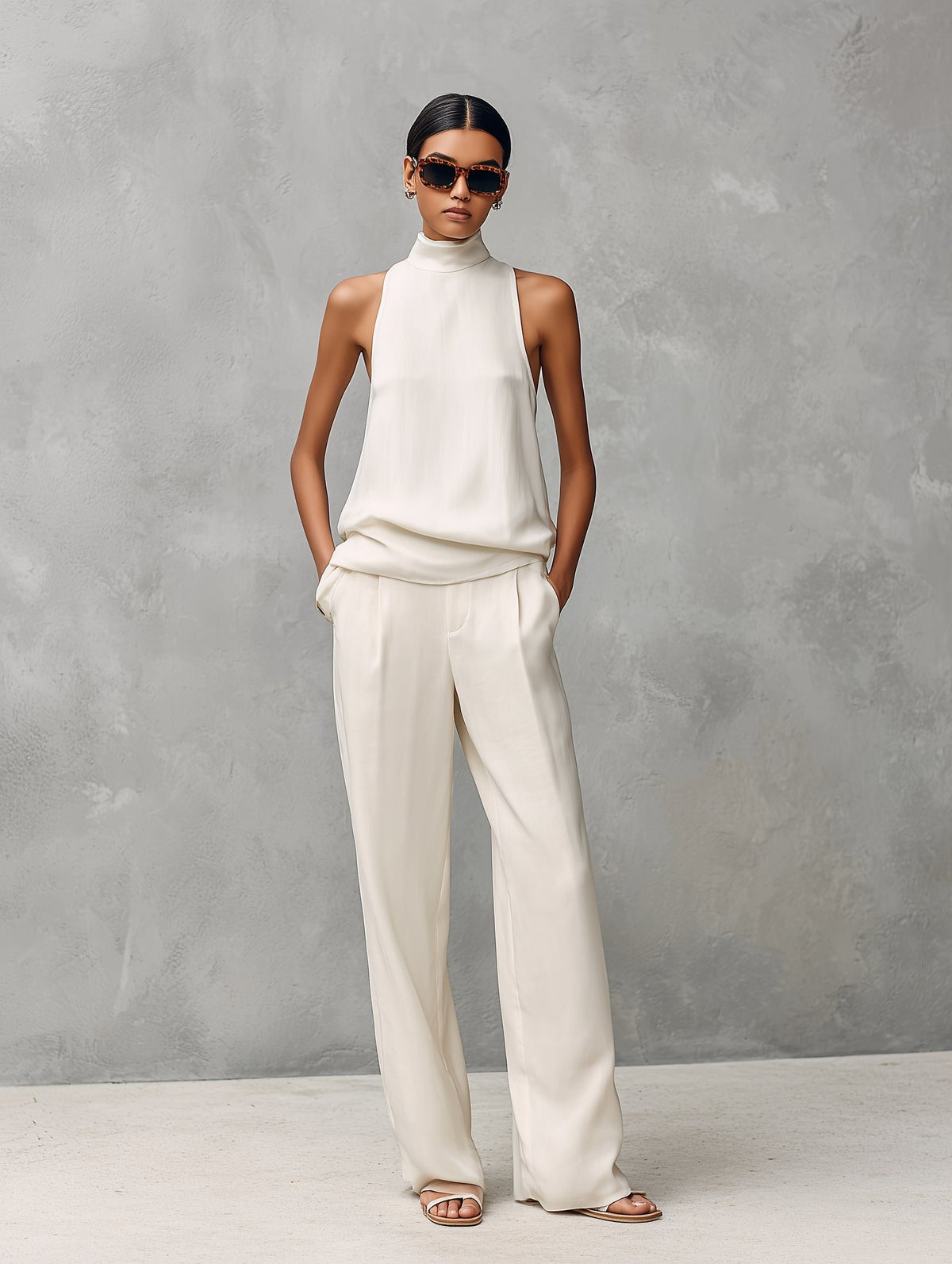 Sleeveless Roll Neck Linen Straight Leg Trousers Set for Women - White