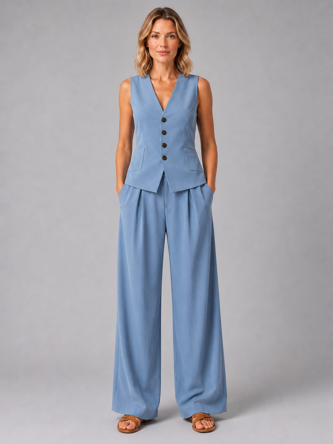 Sleeveless Waistcoat and Wide Leg Tailored Trousers Set for Women
