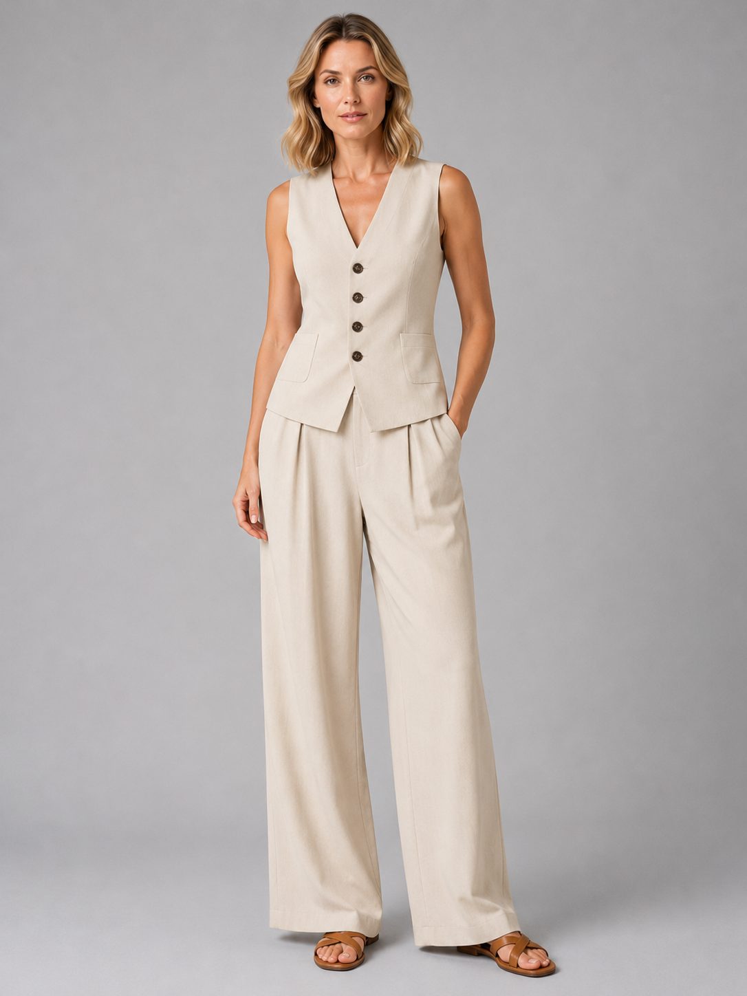 Sleeveless Waistcoat and Wide Leg Tailored Trousers Set for Women - Beige
