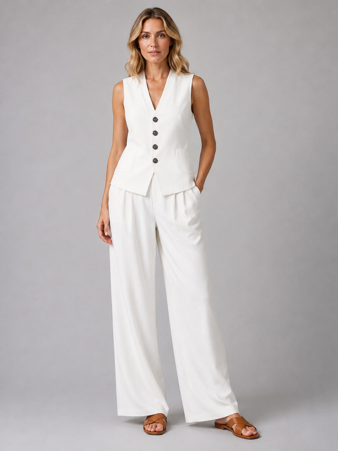 Sleeveless Waistcoat and Wide Leg Tailored Trousers Set for Women - White