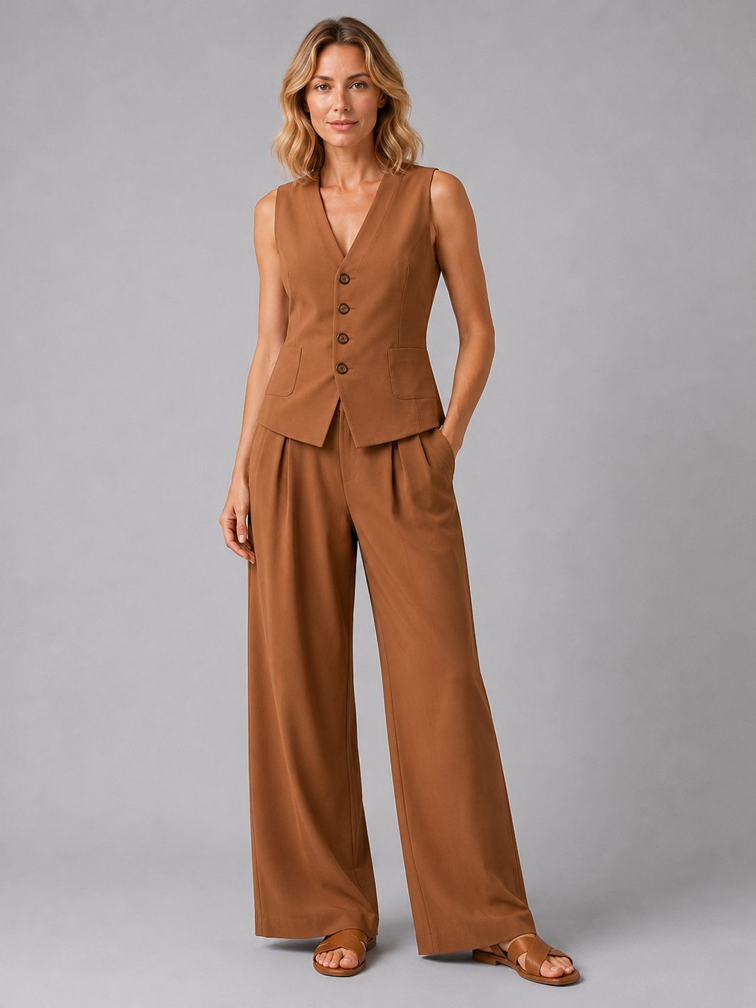 Sleeveless Waistcoat and Wide Leg Tailored Trousers Set for Women - Brown