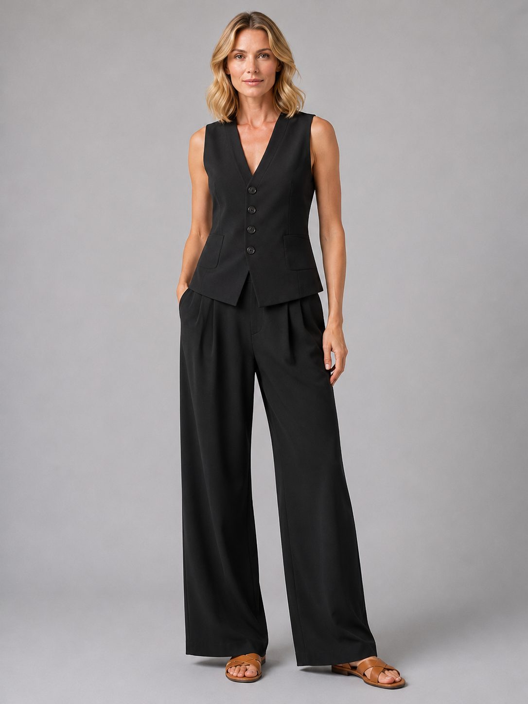 Sleeveless Waistcoat and Wide Leg Tailored Trousers Set for Women - Black