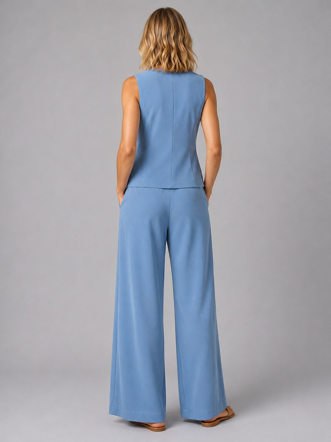 Sleeveless Waistcoat and Wide Leg Tailored Trousers Set for Women - View 2
